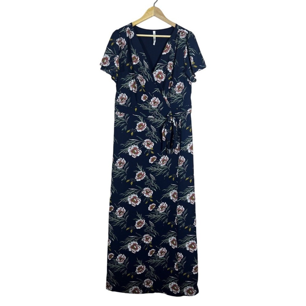 R&B Wrap Floral Maxi Dress Navy Blue Cottagecore Short Sleeve Slit Size 1X